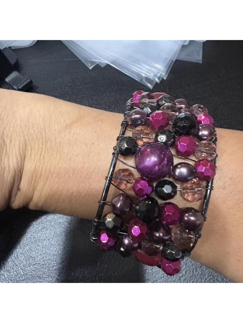 Cuff Bracelet Womens OS Purple Excellent‎ Beaded Wire Wrapped Statement